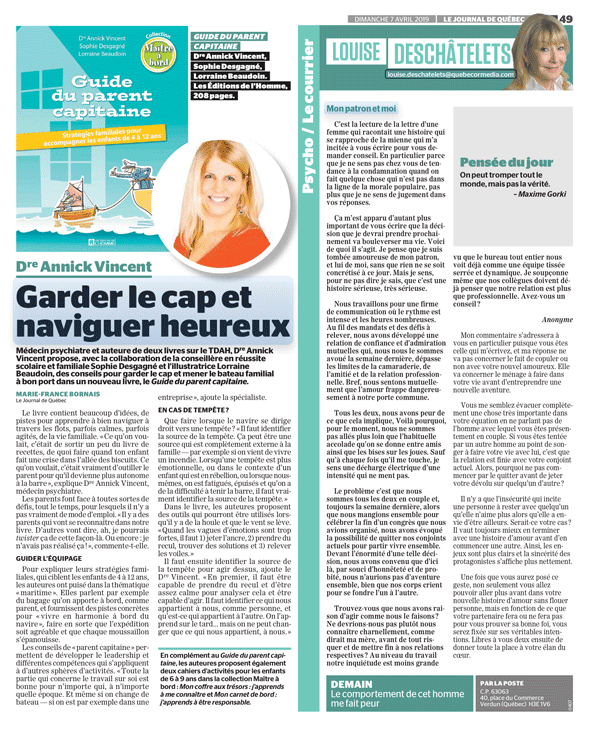 Article de Marie-France Bornais, Journal de Québec du samedi 6 avril 2019